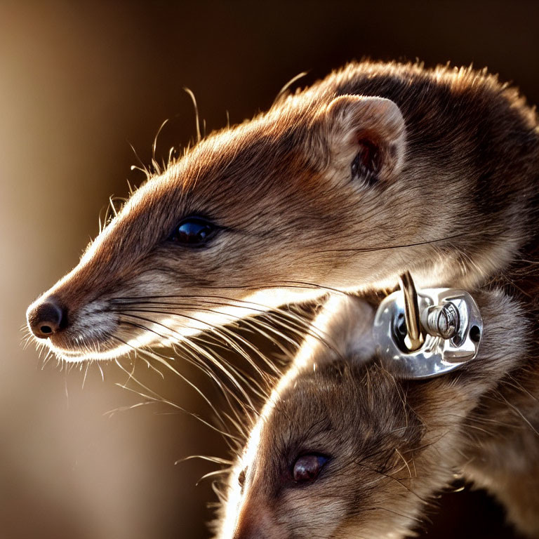 Two stoats on reflective surface with sunlight creating mirror image