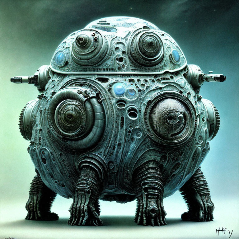 Intricate spherical robot with multiple lenses and accordion-like legs signature.