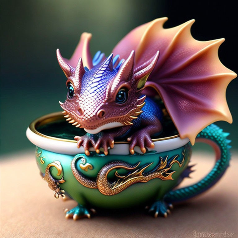 Colorful whimsical dragon in green bowl with gold accents against blurred background