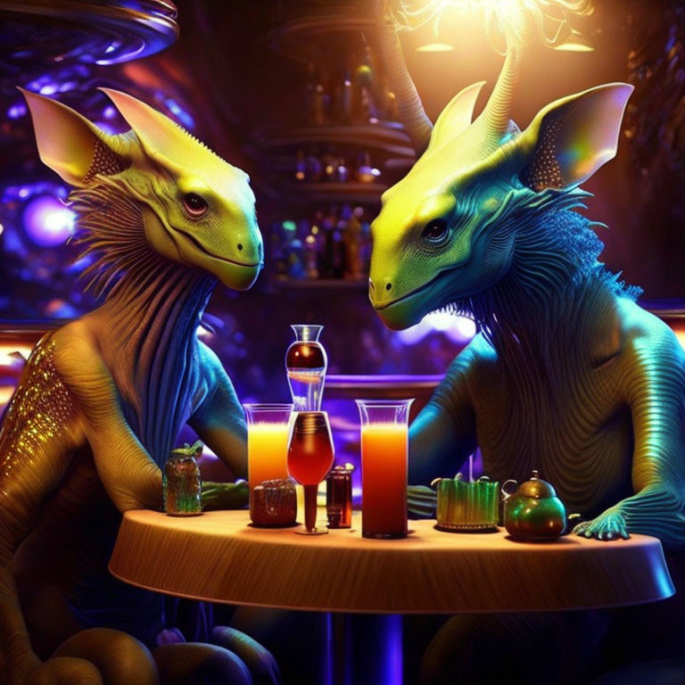 Colorful anthropomorphic dragons in cozy bar setting with glowing lights