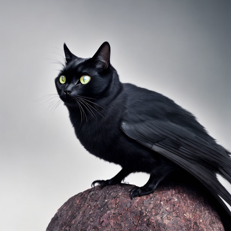 Black Cat with Green Eyes on Rocky Surface