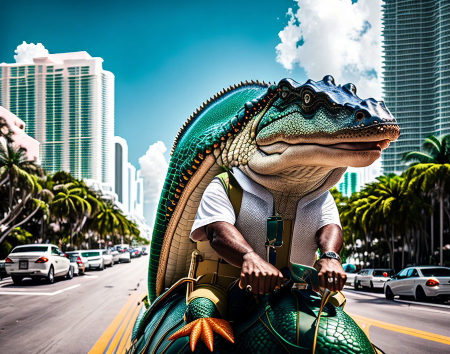 Surreal anthropomorphic alligator in business attire on motorcycle in urban setting