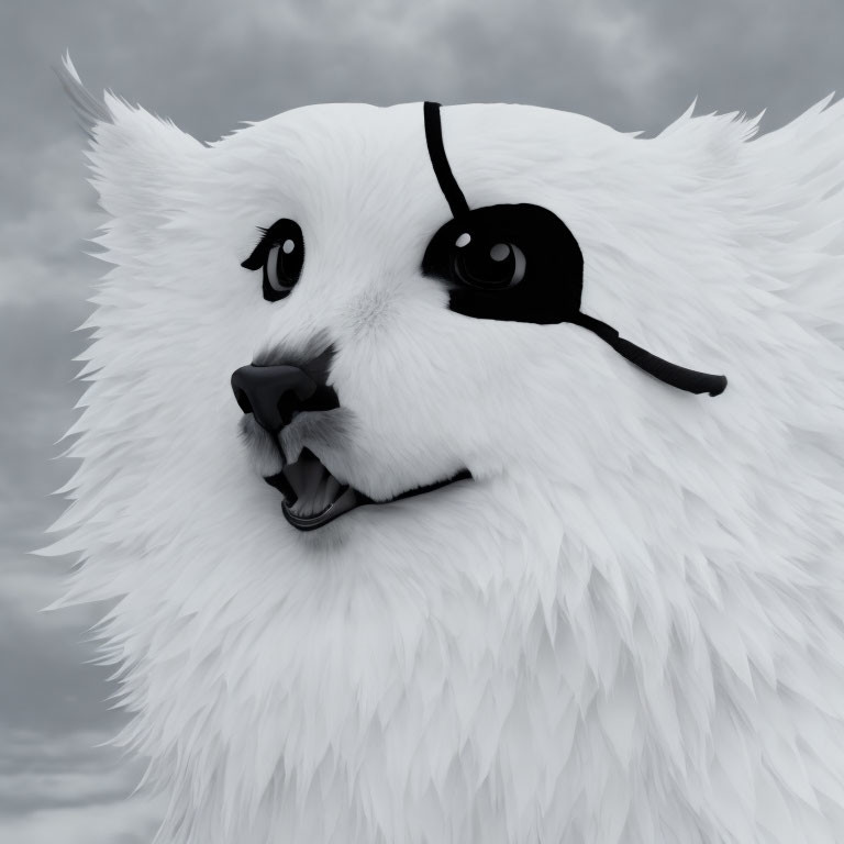 Stylized 3D white fluffy creature with black eyes against cloudy sky