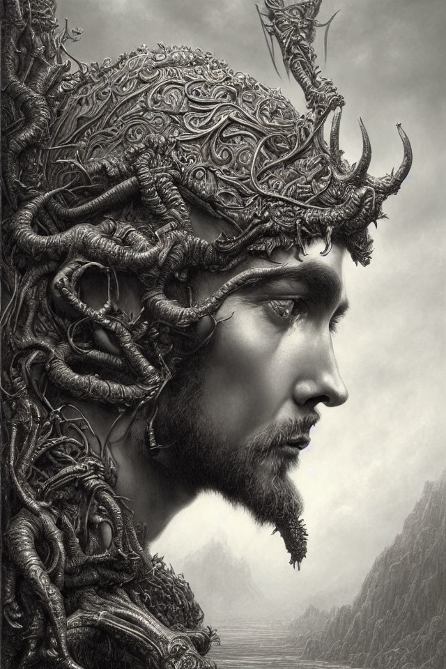 Bearded man profile with intricate metalwork armor and antler-like designs