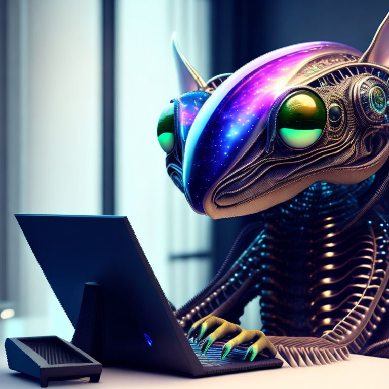 Detailed futuristic alien creature with reflective cosmic-patterned skin and stylized computer terminal