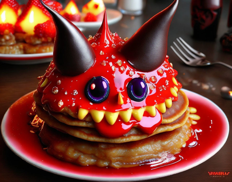 Whimsical monster design on pancake stack with purple eyes, sharp teeth, red syrup, and