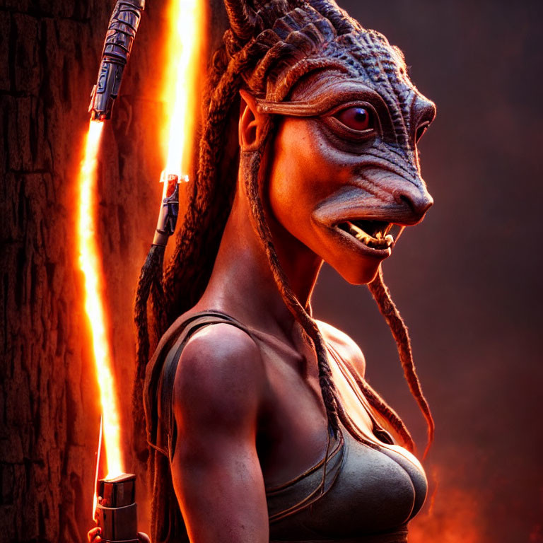 Character with reptilian features and fiery weapon in close-up against dark backdrop