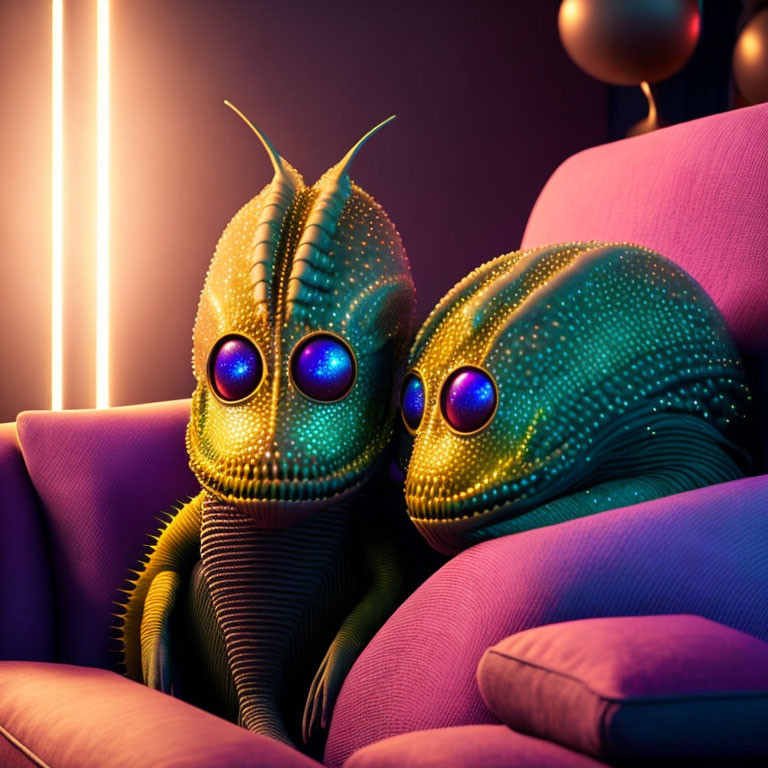 Stylized alien creatures on purple sofa with neon light