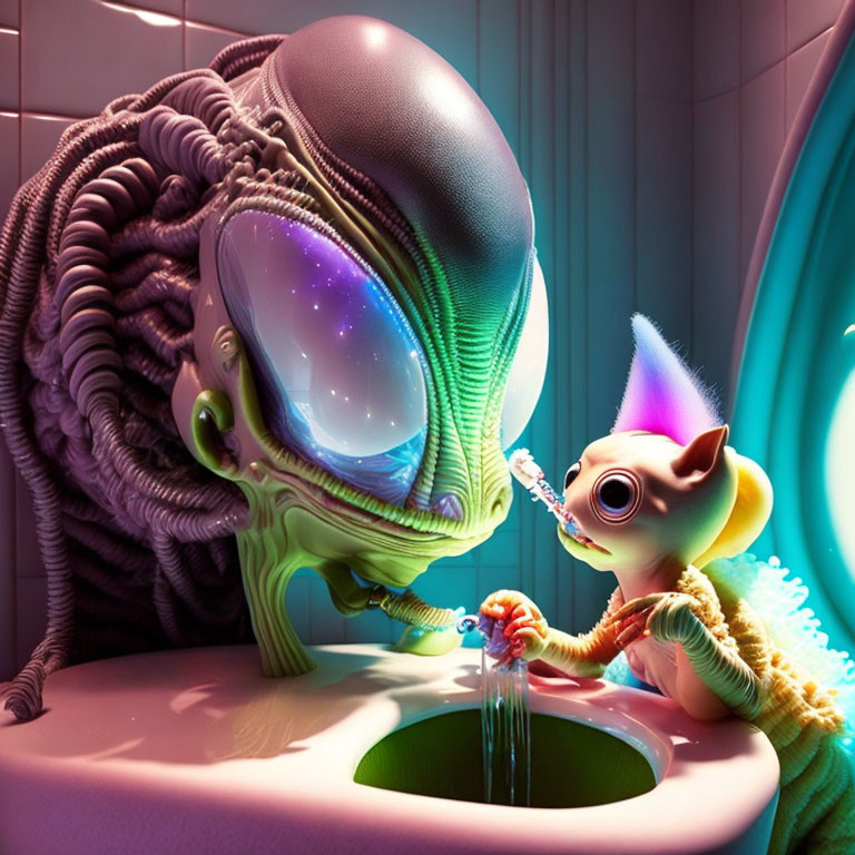 Detailed Image: Large-Headed Alien Drinking from Sink with Colorful Companion