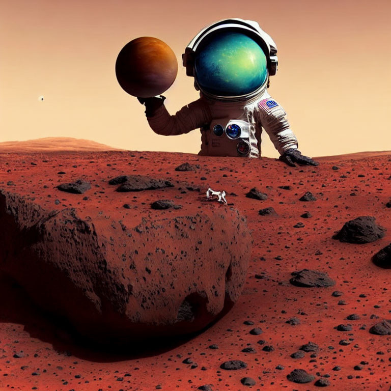 Astronaut with Earth-themed helmet holds basketball on Mars with rover and Phobos.