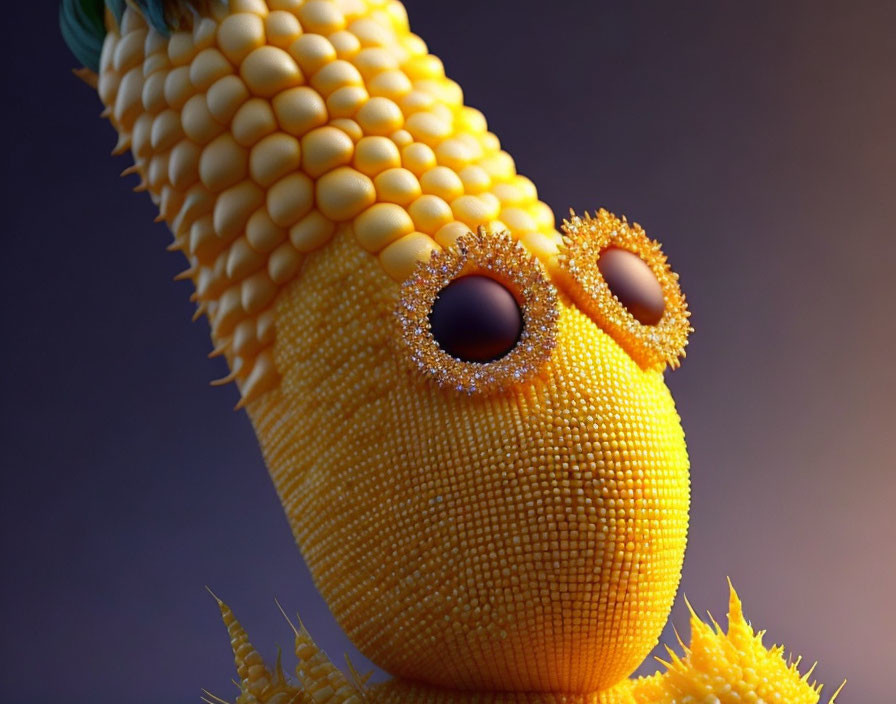 Anthropomorphized corn cob with large expressive eyes on gradient background