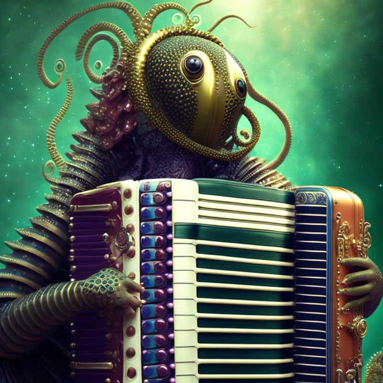 Surreal octopus-like creature with eye face playing accordion on luminescent green background