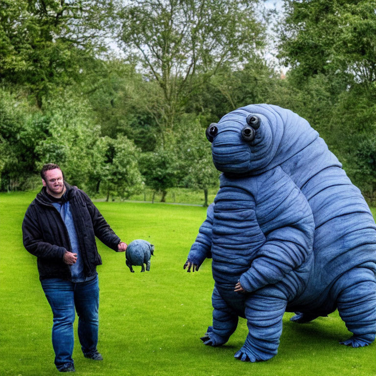 Man strolling in park with blue creature and black dog