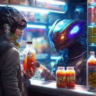 Futuristic person gives orange drink to glowing-eyed alien in neon-lit store