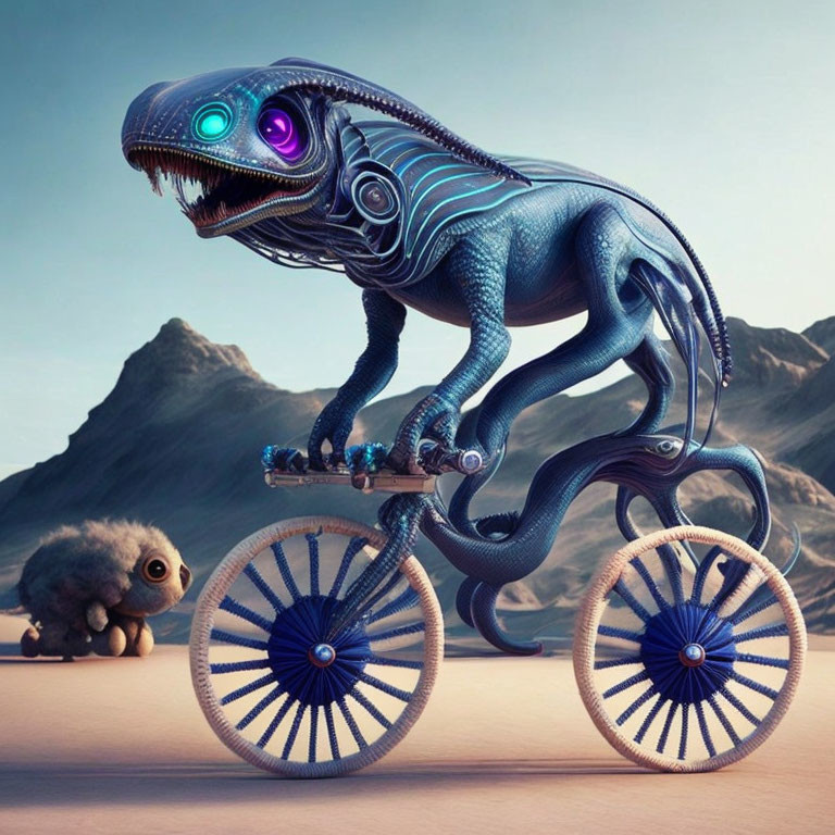 Stylized blue robotic dinosaur on bicycle with fluffy creature in desert landscape