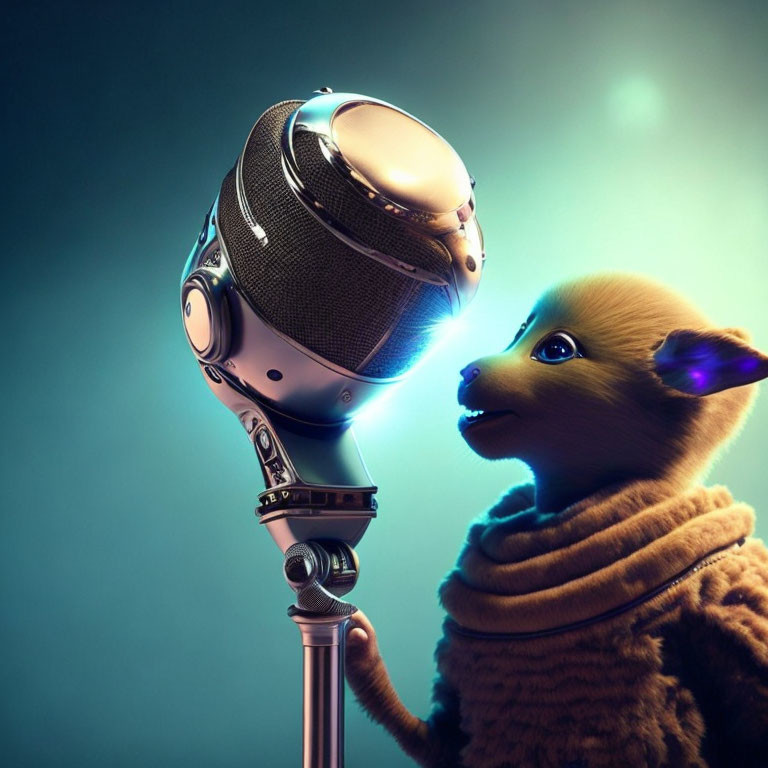 Animated lamb in scarf sings with vintage microphone under stage lights