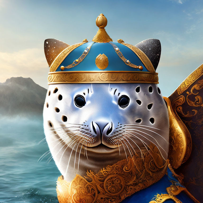 Digital Artwork: Cat in Royal Attire with Golden Helmet