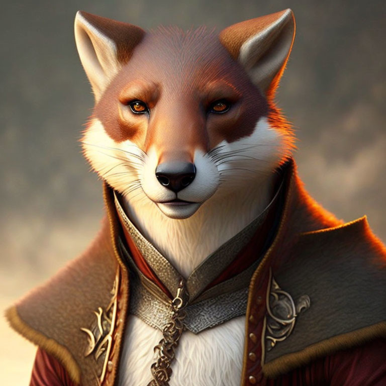 Anthropomorphic fox in regal maroon and gold outfit with chain