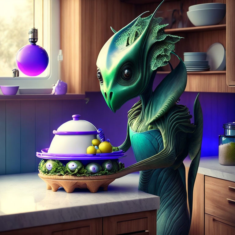 Green dragon-like creature with yellow eyes in kitchen with cake and fruit.