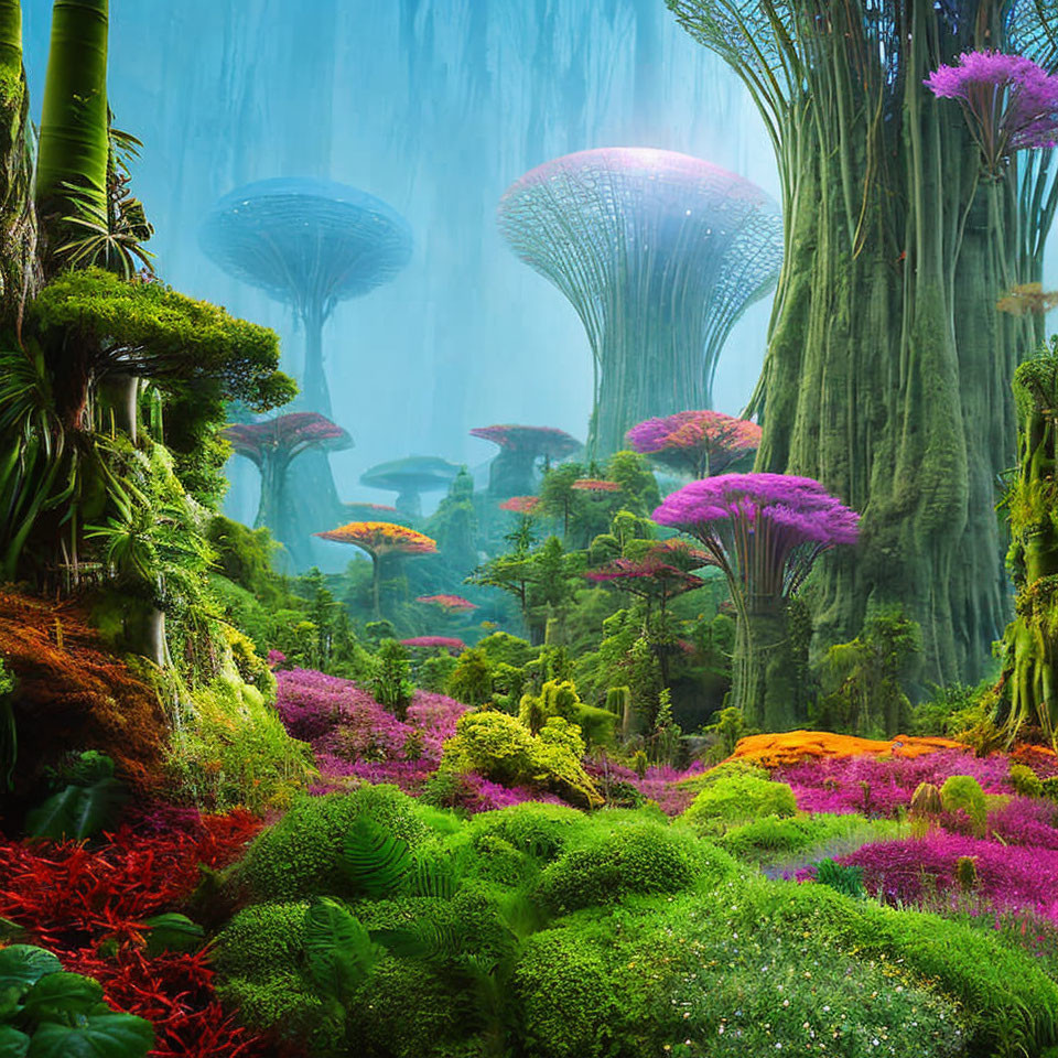 Mystical forest with towering mushroom trees under ethereal sky