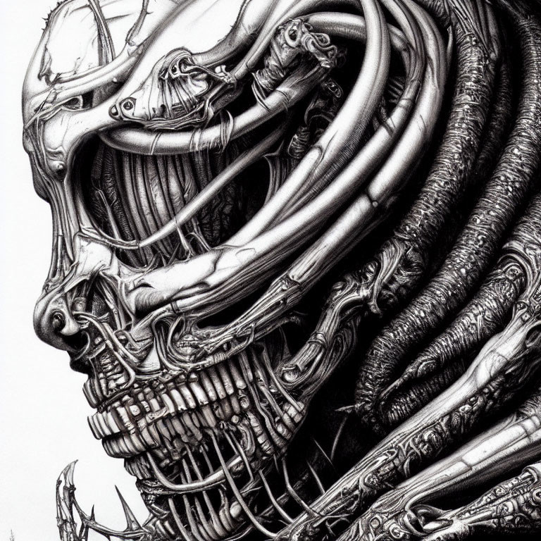 Detailed Monochrome Drawing of Biomechanical Entity with Intricate Textures