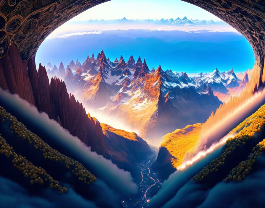 Majestic mountains and valley view from cave at dawn or dusk