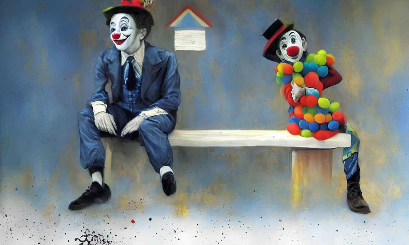 Colorful Balloon-Holding Clown and Painted-Face Clown on Floating Bench with Whimsical