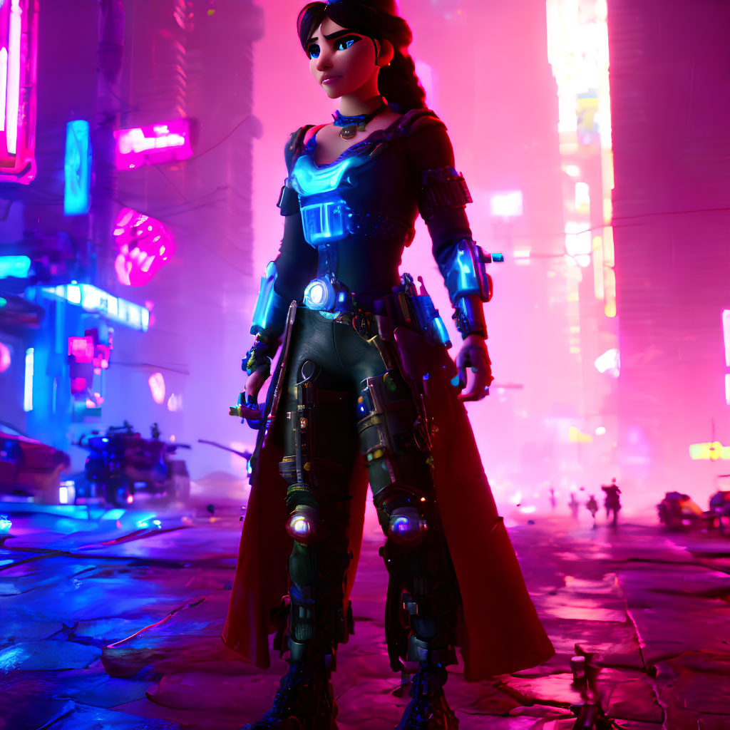 Futuristic female warrior in high-tech armor in neon-lit cityscape