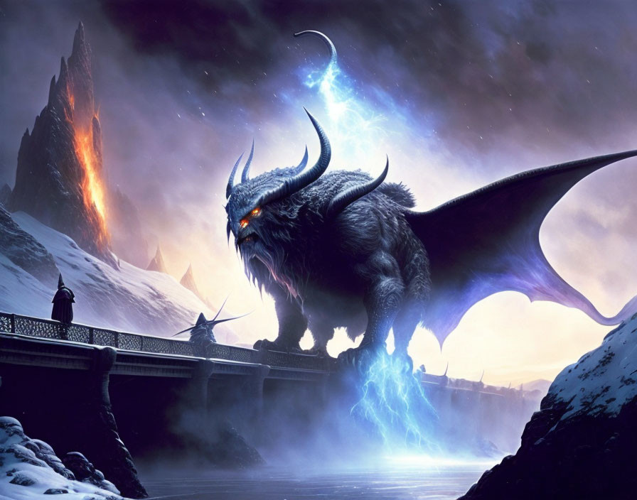 Person faces colossal winged beast in mystical landscape with fiery mountains and crescent moon