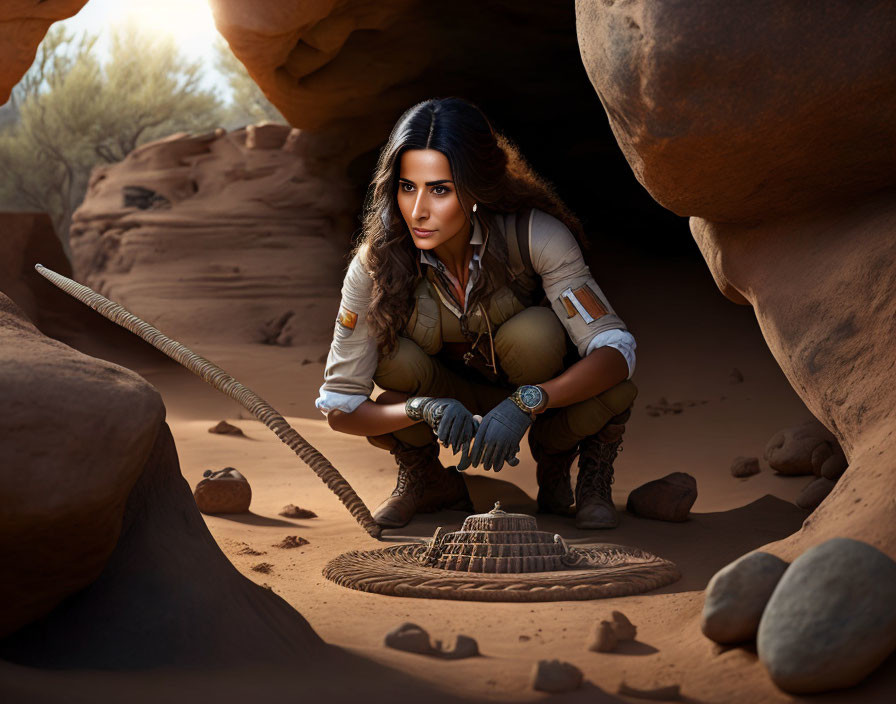 Woman crouching in desert cave with spear, displaying intense focus