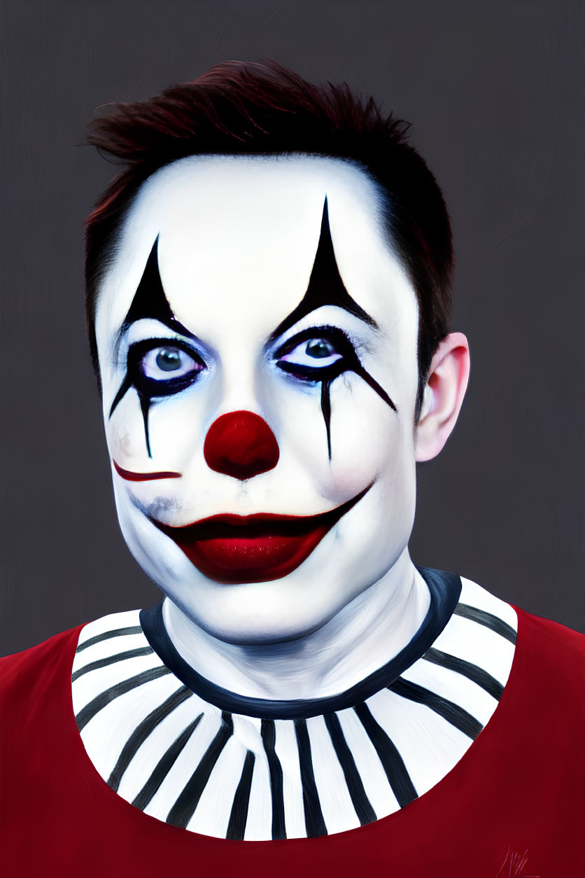 Clown makeup with white face, black and blue eye designs, red nose, and ruffled collar