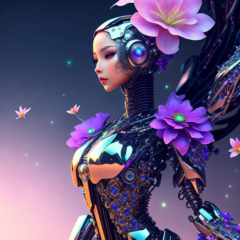 Female Android Digital Artwork: Intricate Mechanical Details & Serene Expression