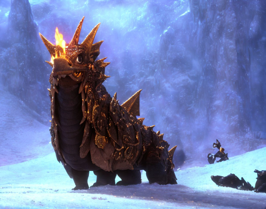 Animated golden-accented dragon breathing fire in frosty cave with observer.