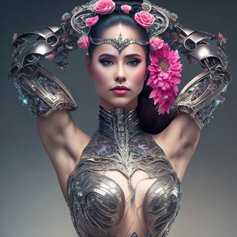 Elaborate metallic armor and floral headpiece on a futuristic woman