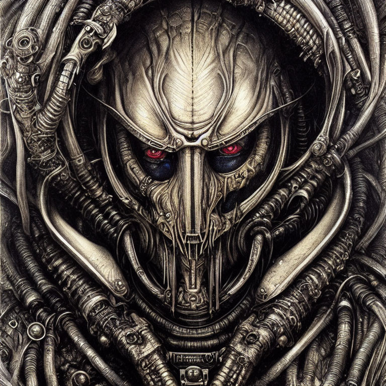 Detailed Drawing of Menacing Cybernetic Entity with Skull-like Face