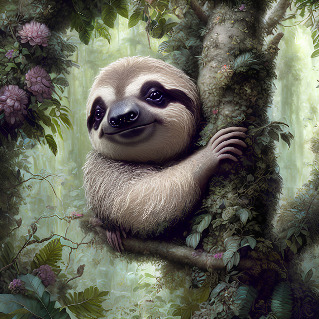 Tranquil sloth on tree branch surrounded by greenery and pink blooms