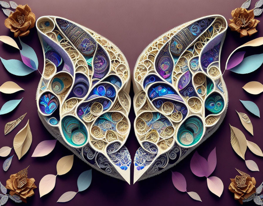 Symmetrical paper quilling artwork of butterfly wings with colorful patterns on purple background.