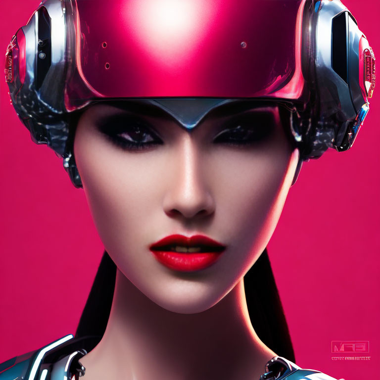 Futuristic Asian woman in red helmet with bold lips on pink background