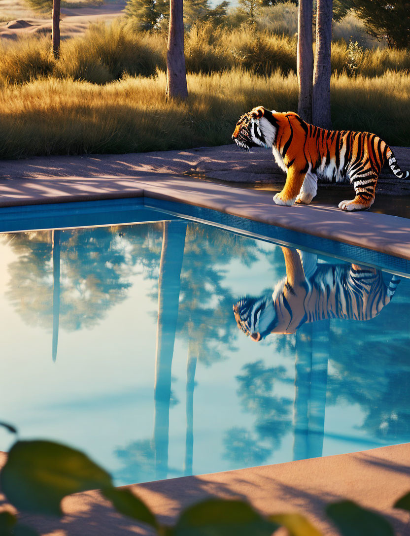 Tiger by tranquil pool with reflection, lush greenery, clear sky