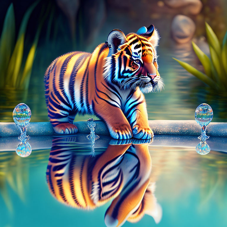 Colorful Tiger with Bold Stripes by Water's Edge and Crystal Orbs