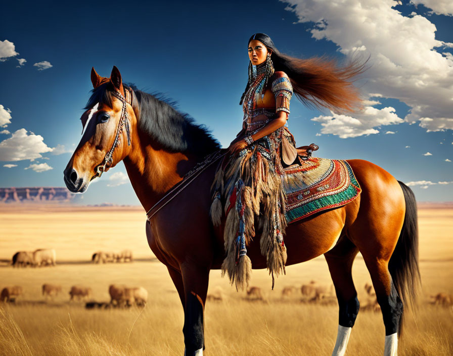 Traditional Attire Woman on Horse in Grassland Landscape