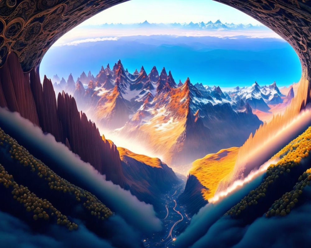 Majestic mountains and valley view from cave at dawn or dusk