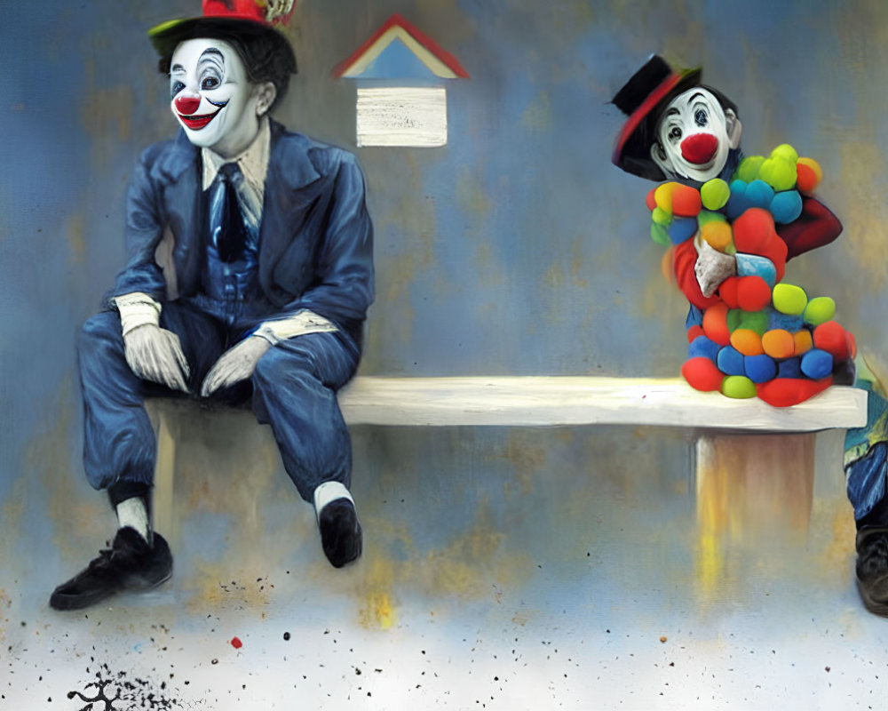 Colorful Balloon-Holding Clown and Painted-Face Clown on Floating Bench with Whimsical