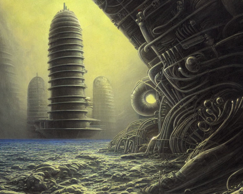 Futuristic Underwater Scene with Cylindrical Structures and Machinery