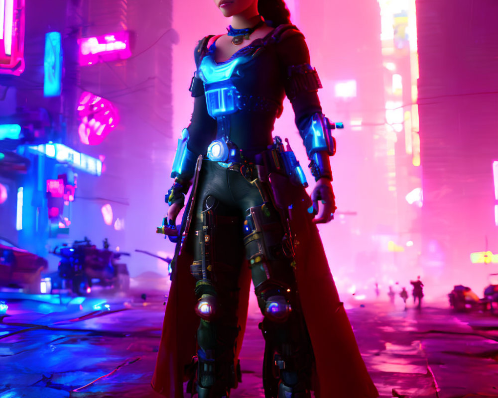 Futuristic female warrior in high-tech armor in neon-lit cityscape