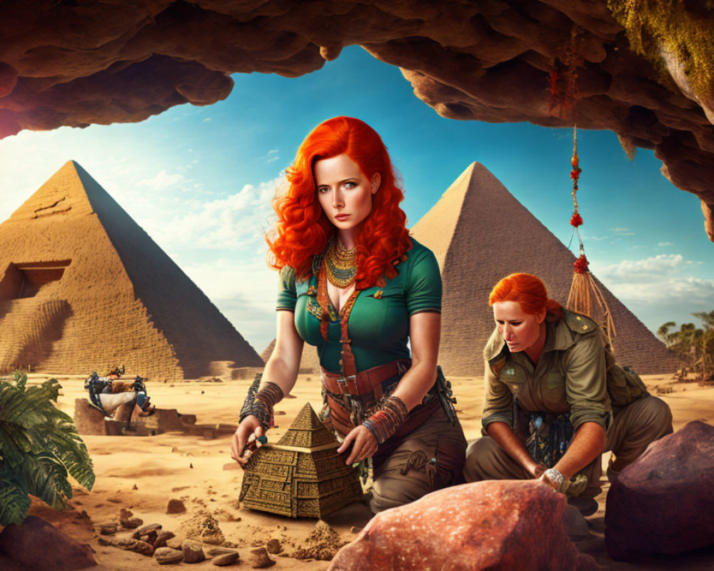 Vibrant red-haired adventurer examines artifact in Egyptian desert cave