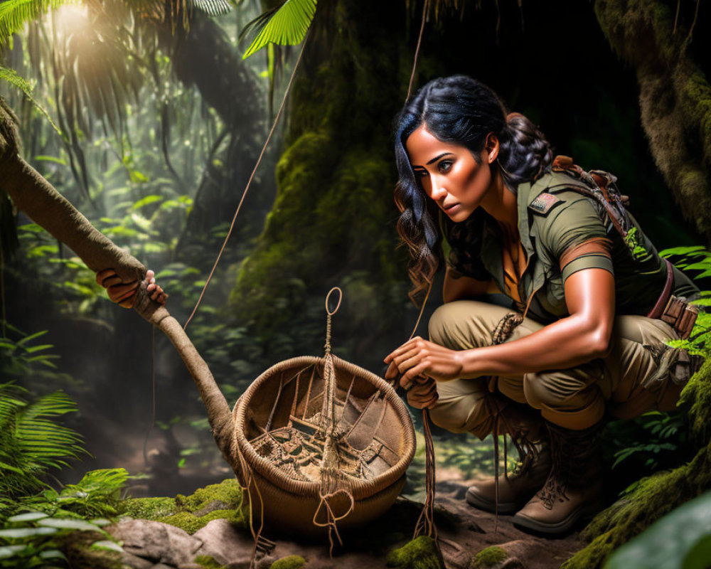 Explorer woman crouching in jungle with stick and basket