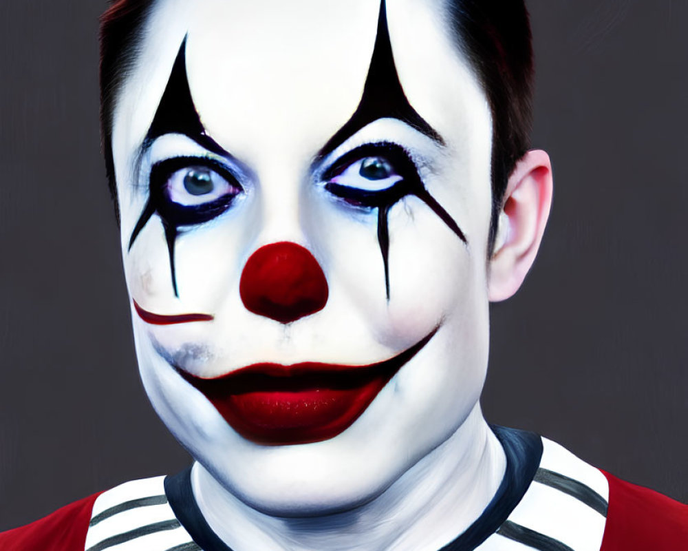 Clown makeup with white face, black and blue eye designs, red nose, and ruffled collar