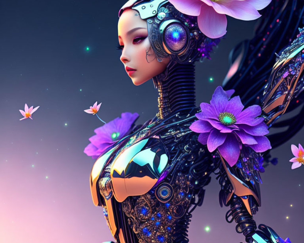 Female Android Digital Artwork: Intricate Mechanical Details & Serene Expression