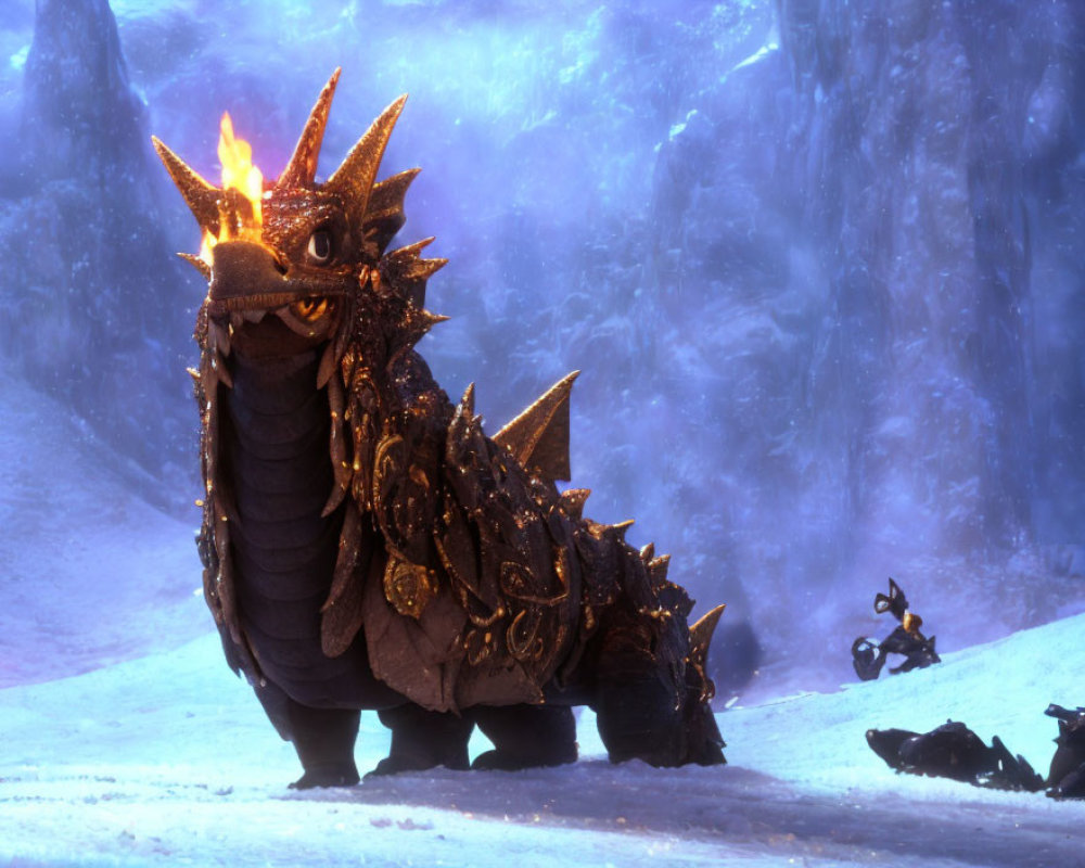 Animated golden-accented dragon breathing fire in frosty cave with observer.